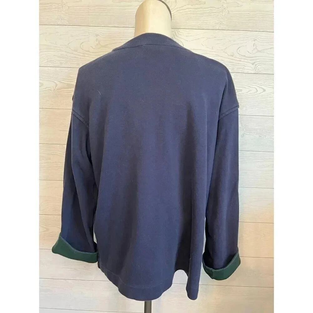 Talbots Navy Blue Full Zip Cotton Sweatshirt Jacket Forest Green Cuffs Medium - Picture 3 of 8